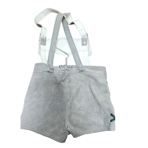 80s Leather Lederhosen Brown/Grey with Green and Red Leather Piping Details - Picture 6 of 11